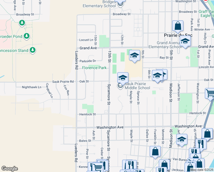 map of restaurants, bars, coffee shops, grocery stores, and more near 103 Sycamore Street in Sauk City