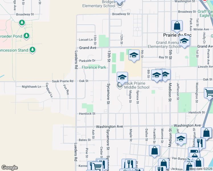 map of restaurants, bars, coffee shops, grocery stores, and more near 103 Sycamore Street in Sauk City