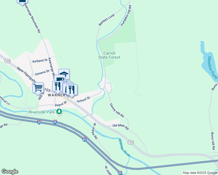 map of restaurants, bars, coffee shops, grocery stores, and more near 3 Denny Hill Road in Warner