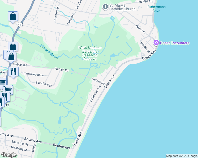 map of restaurants, bars, coffee shops, grocery stores, and more near 96 South Tibbetts Avenue in Wells