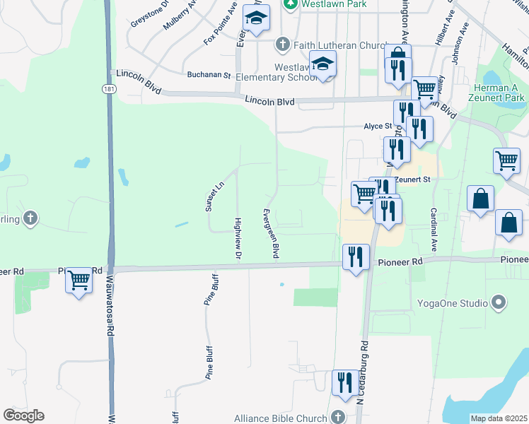 map of restaurants, bars, coffee shops, grocery stores, and more near 167 Evergreen Boulevard in Cedarburg
