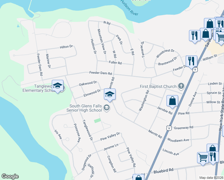 map of restaurants, bars, coffee shops, grocery stores, and more near 51 Merritt Road in South Glens Falls