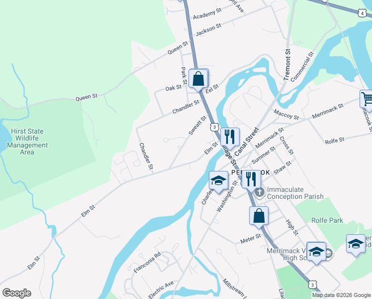 map of restaurants, bars, coffee shops, grocery stores, and more near 26 Elm Street in Concord