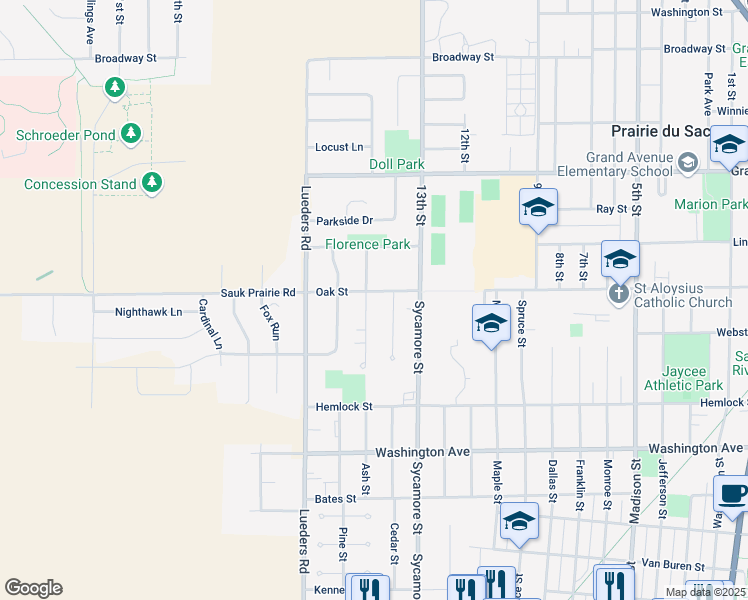 map of restaurants, bars, coffee shops, grocery stores, and more near 115 Cedar Street in Sauk City