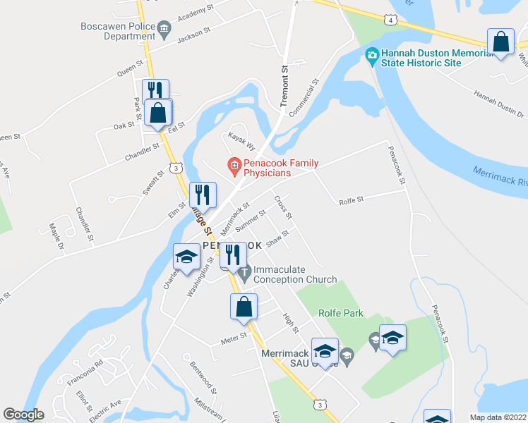 map of restaurants, bars, coffee shops, grocery stores, and more near Summer Street in Concord