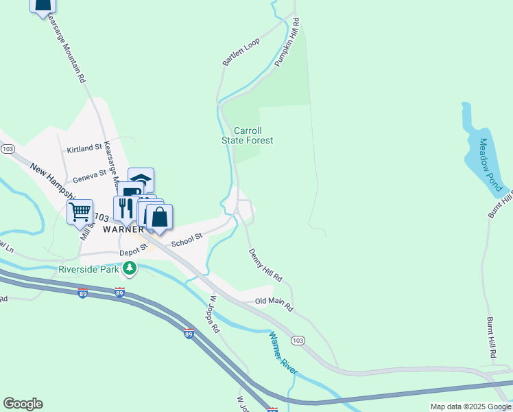map of restaurants, bars, coffee shops, grocery stores, and more near 17 Denny Hill Road in Warner