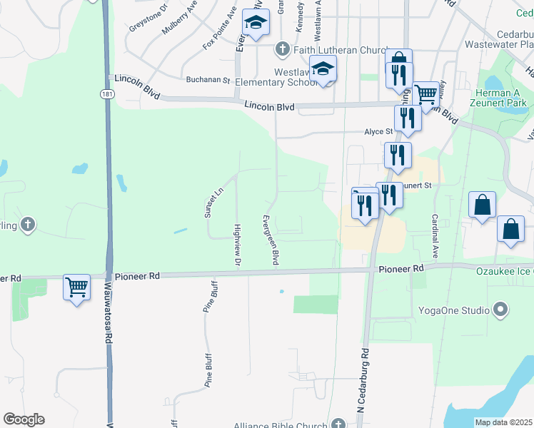 map of restaurants, bars, coffee shops, grocery stores, and more near 202 Evergreen Boulevard in Cedarburg