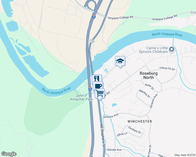 map of restaurants, bars, coffee shops, grocery stores, and more near 8 Pioneer Way in Roseburg North