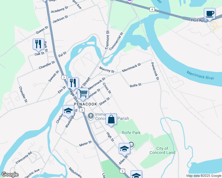 map of restaurants, bars, coffee shops, grocery stores, and more near 52.5 Summer Street in Concord