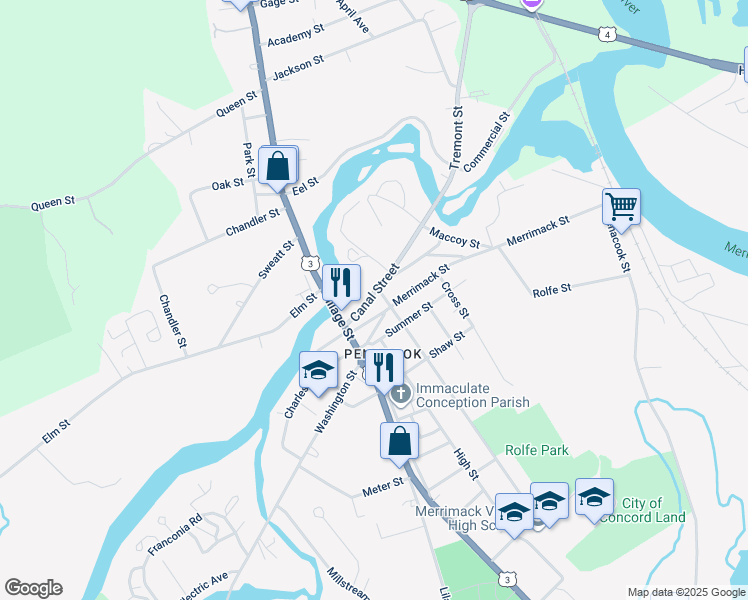 map of restaurants, bars, coffee shops, grocery stores, and more near 30 East Street in Concord