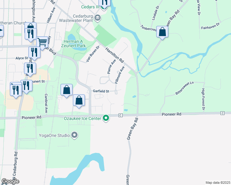 map of restaurants, bars, coffee shops, grocery stores, and more near W52N185 Pierce Avenue in Cedarburg