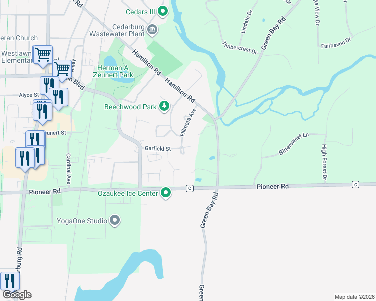 map of restaurants, bars, coffee shops, grocery stores, and more near N17W5128 Garfield Street in Cedarburg