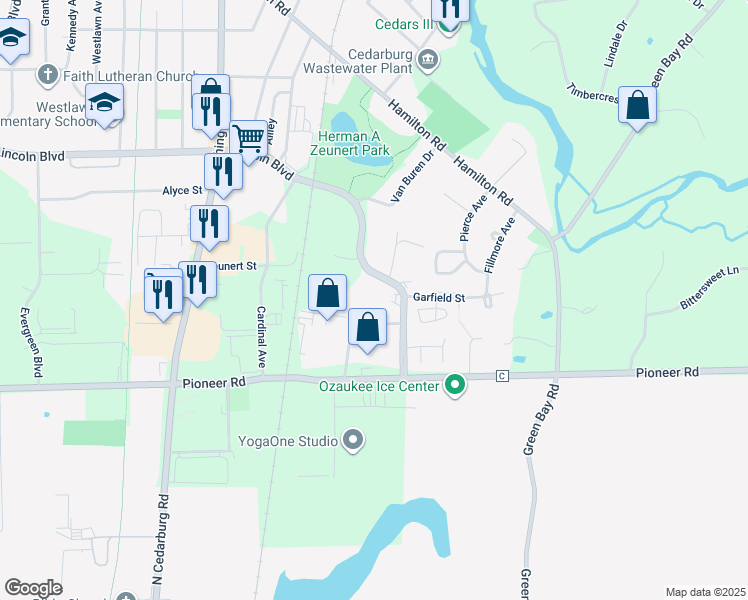 map of restaurants, bars, coffee shops, grocery stores, and more near W55N155 McKinley Boulevard in Cedarburg