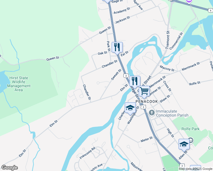 map of restaurants, bars, coffee shops, grocery stores, and more near 28 Sweatt Street in Boscawen