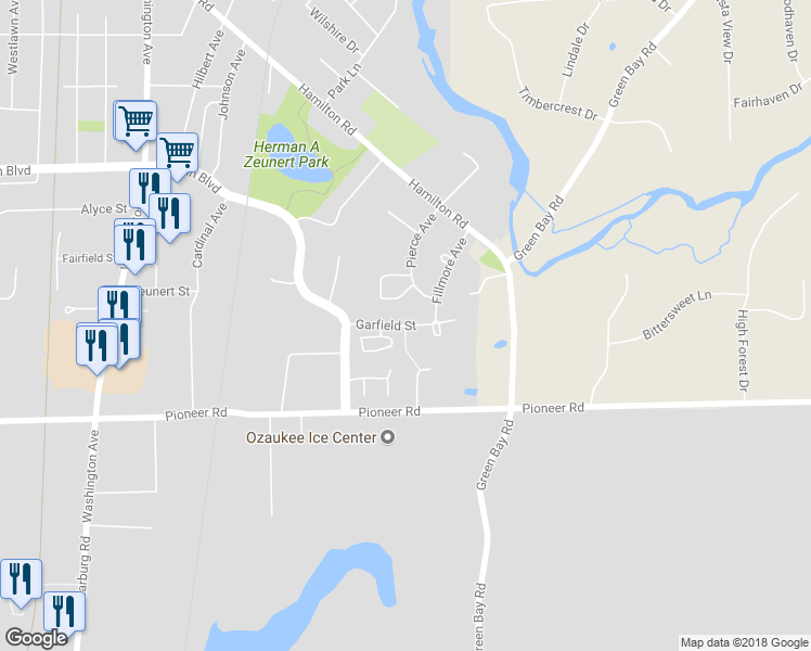 map of restaurants, bars, coffee shops, grocery stores, and more near Garfield Street in Cedarburg