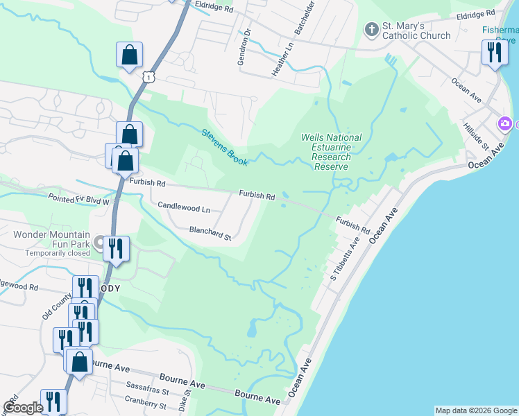 map of restaurants, bars, coffee shops, grocery stores, and more near 165 Blanchard Street in Wells