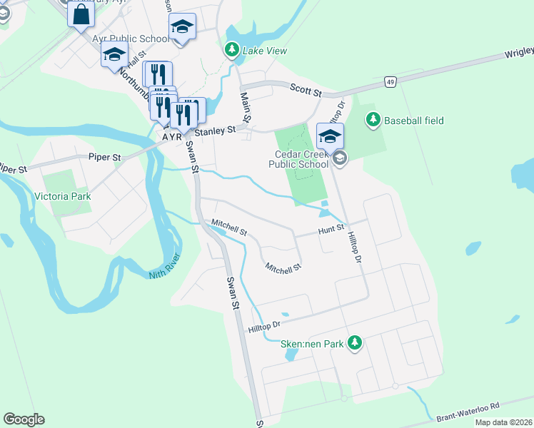 map of restaurants, bars, coffee shops, grocery stores, and more near 112 Mitchell Street in North Dumfries