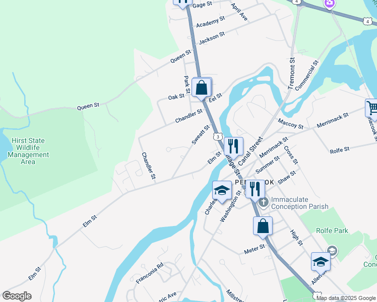 map of restaurants, bars, coffee shops, grocery stores, and more near 28 Sweatt Street in Boscawen