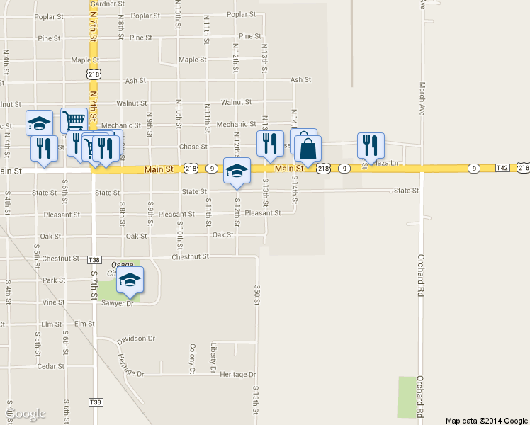 map of restaurants, bars, coffee shops, grocery stores, and more near 1299 Pleasant Street in Osage