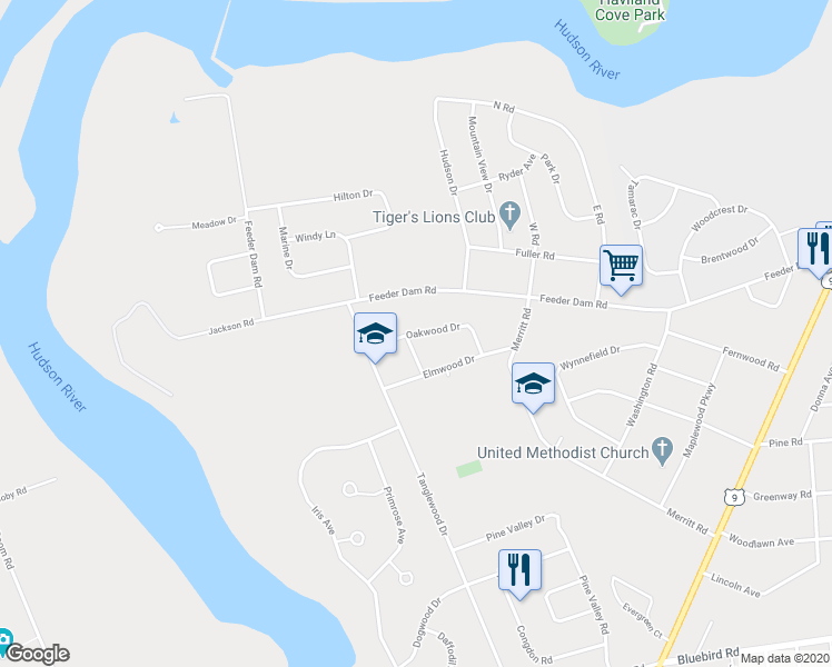 map of restaurants, bars, coffee shops, grocery stores, and more near 12 Oakwood Drive in South Glens Falls