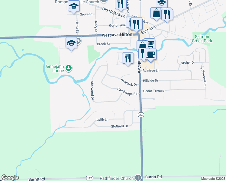 map of restaurants, bars, coffee shops, grocery stores, and more near 56 Cambridge Road in Hilton