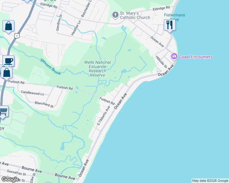 map of restaurants, bars, coffee shops, grocery stores, and more near 11 Partridge Lane in Wells