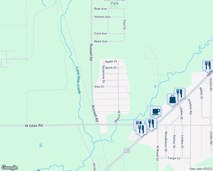 map of restaurants, bars, coffee shops, grocery stores, and more near 80 Elm Court in Muskegon