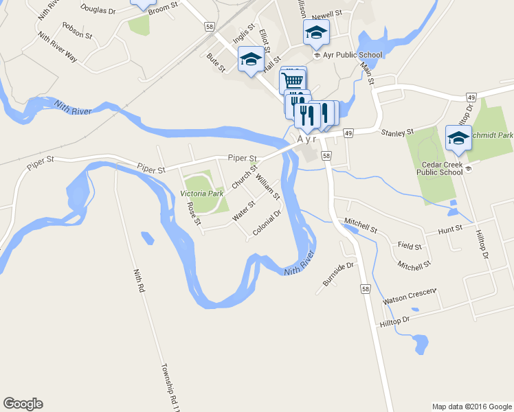 map of restaurants, bars, coffee shops, grocery stores, and more near 51 Water Street in Ayr
