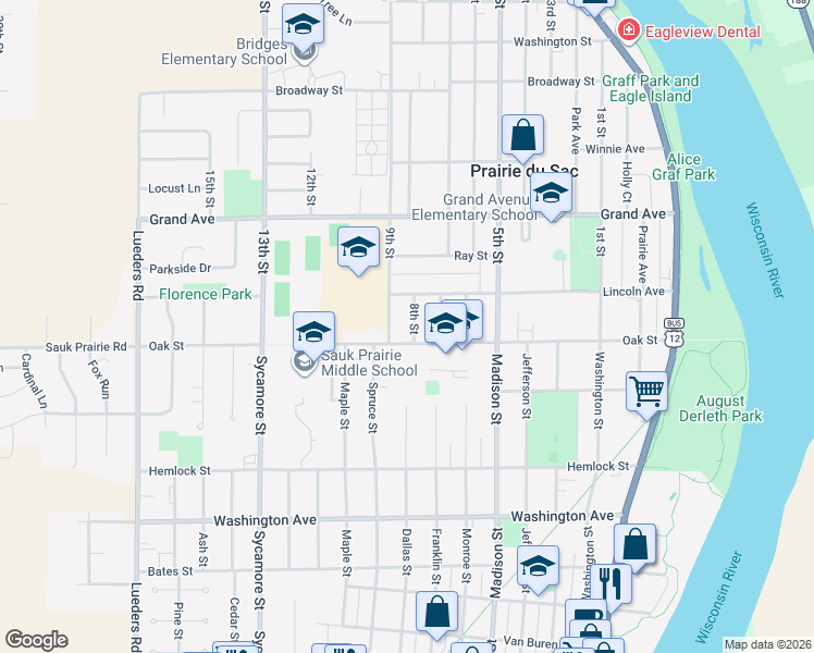 map of restaurants, bars, coffee shops, grocery stores, and more near 45 8th St in Prairie du Sac