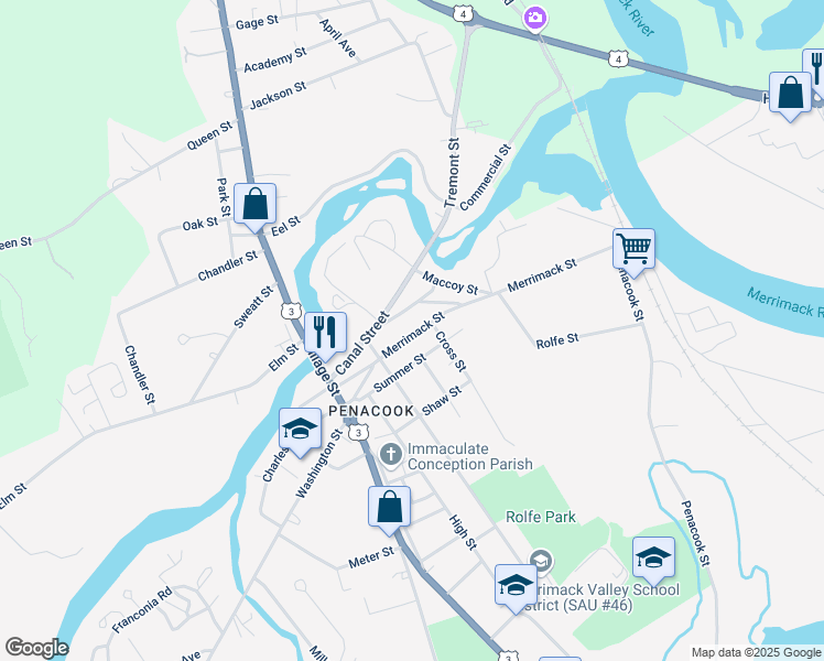 map of restaurants, bars, coffee shops, grocery stores, and more near 20 Walnut Street in Concord
