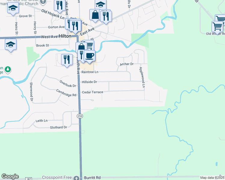 map of restaurants, bars, coffee shops, grocery stores, and more near 76 Cedar Terrace in Hilton