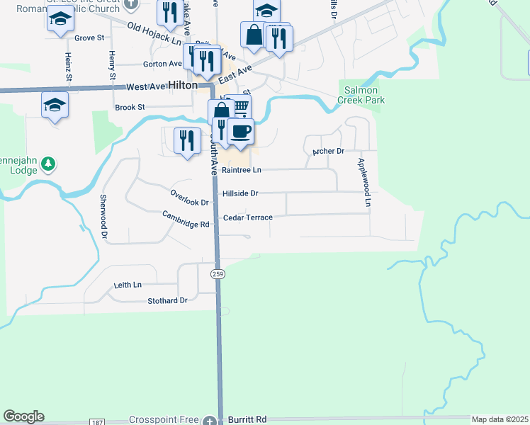 map of restaurants, bars, coffee shops, grocery stores, and more near 44 Cedar Terrace in Hilton