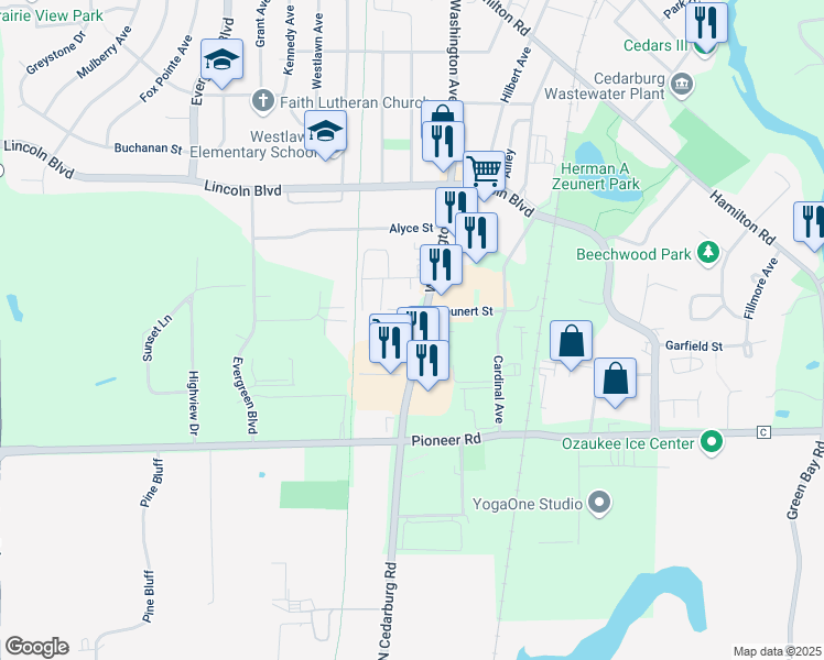 map of restaurants, bars, coffee shops, grocery stores, and more near w 62 N 190 Washington Avenue in Cedarburg