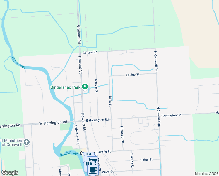 map of restaurants, bars, coffee shops, grocery stores, and more near 277-299 Mills Street in Croswell