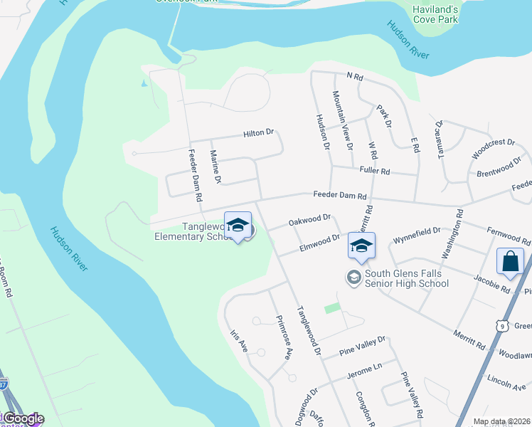 map of restaurants, bars, coffee shops, grocery stores, and more near 69 Tanglewood Drive in South Glens Falls