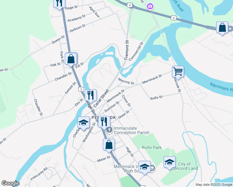 map of restaurants, bars, coffee shops, grocery stores, and more near 20 Walnut Street in Concord