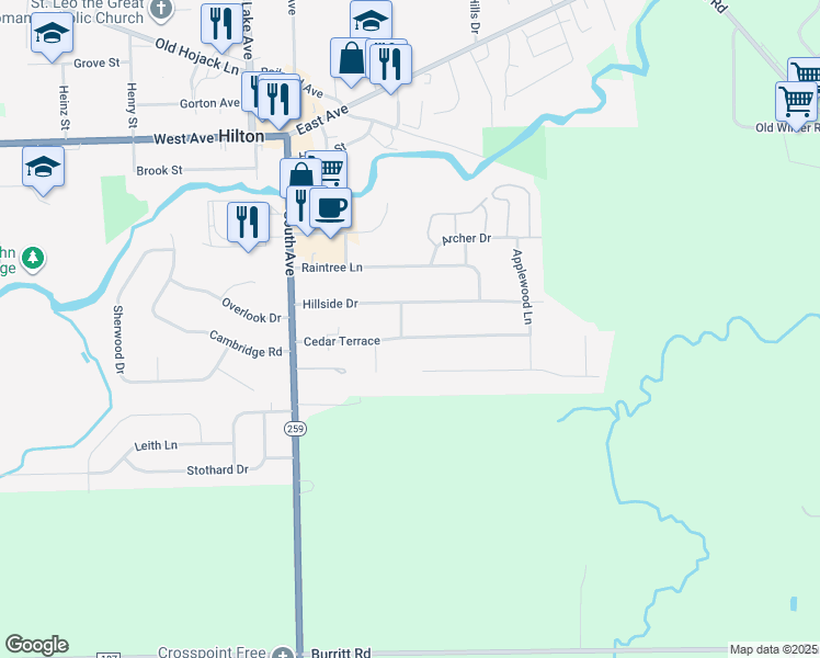 map of restaurants, bars, coffee shops, grocery stores, and more near 76 Cedar Terrace in Hilton