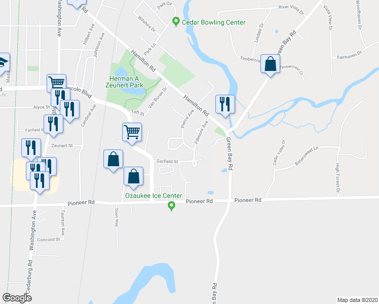 map of restaurants, bars, coffee shops, grocery stores, and more near W52N185 Pierce Avenue in Cedarburg
