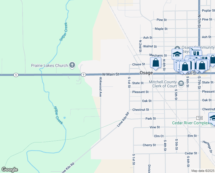 map of restaurants, bars, coffee shops, grocery stores, and more near Kirkwood Court in Osage