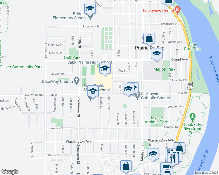 map of restaurants, bars, coffee shops, grocery stores, and more near 105 9th Street in Prairie du Sac