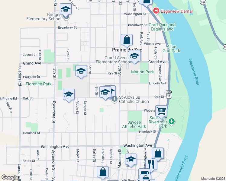 map of restaurants, bars, coffee shops, grocery stores, and more near 35 5th Street in Prairie du Sac
