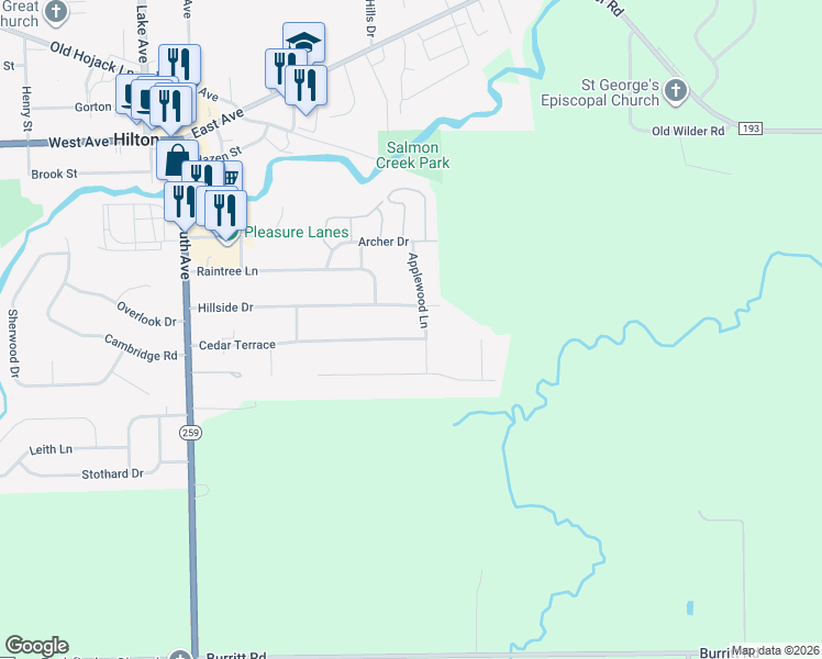 map of restaurants, bars, coffee shops, grocery stores, and more near 330 Cedar Terrace in Hilton