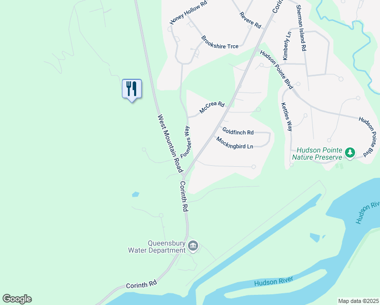 map of restaurants, bars, coffee shops, grocery stores, and more near 19 Founders Way in Queensbury