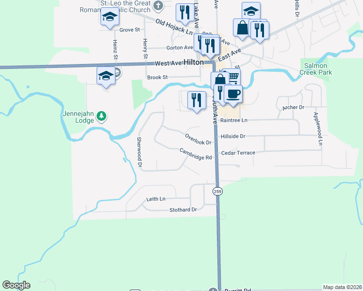 map of restaurants, bars, coffee shops, grocery stores, and more near 56 Cambridge Road in Hilton