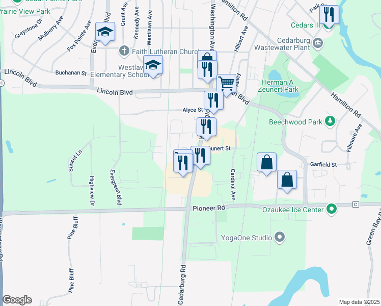 map of restaurants, bars, coffee shops, grocery stores, and more near w 62 N 190 Washington Avenue in Cedarburg