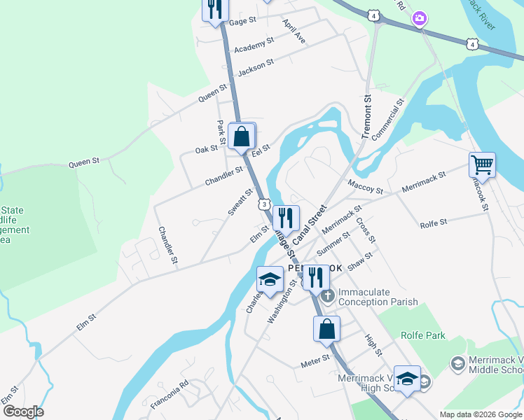 map of restaurants, bars, coffee shops, grocery stores, and more near 3 North Main Street in Boscawen