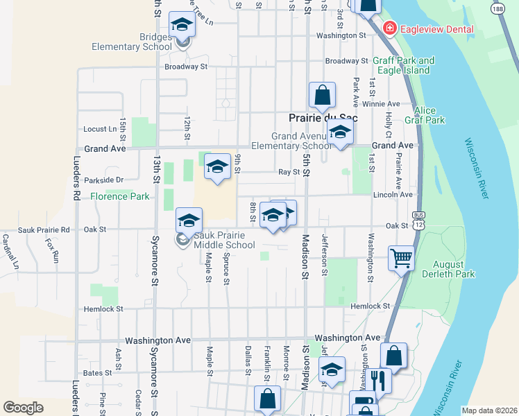 map of restaurants, bars, coffee shops, grocery stores, and more near 45 8th Street in Prairie du Sac