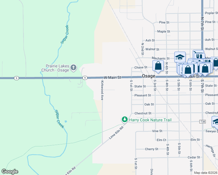map of restaurants, bars, coffee shops, grocery stores, and more near Kirkwood Court in Osage
