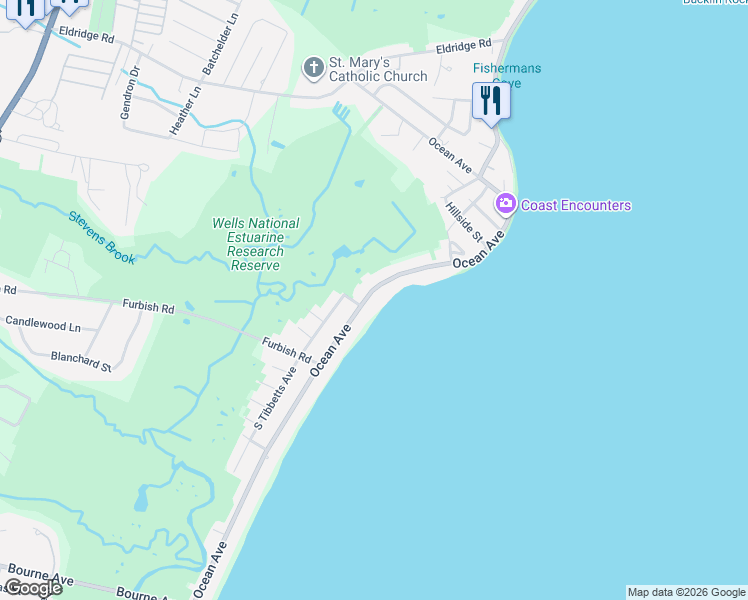 map of restaurants, bars, coffee shops, grocery stores, and more near 493 Ocean Avenue in Wells