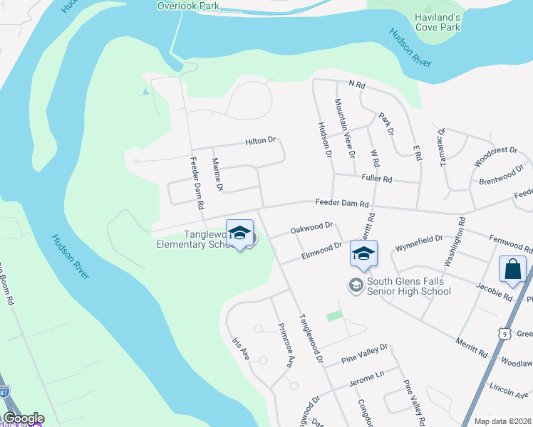 map of restaurants, bars, coffee shops, grocery stores, and more near 69 Tanglewood Drive in South Glens Falls